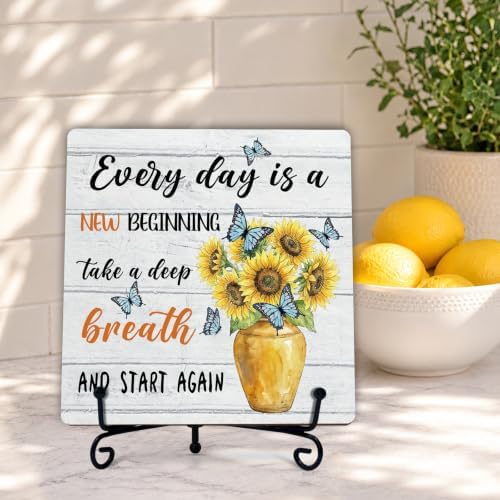 Everyday Is A New Beginning Wooden Sign, Farmhouse Sunflowers Desk Decor for Home, Bedroom, Office, Inspirational and Motivational Gifts for Women Men (A04) - Image 3