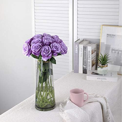 10pcs light Purple Roses Artificial Flowers, Realistic Faux Rose with Stem - Image 2