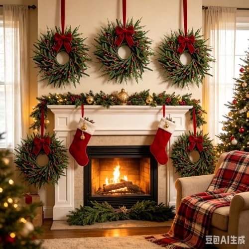 4 Pcs Mini Christmas Wreaths for Cabinets 9" Christmas Kitchen Cabinet Small Wreaths with Green Norfolk Pine Needle Red Berry for Indoor Outdoor Farmhouse Home Wall Window Festival Wedding Decor - Image 7
