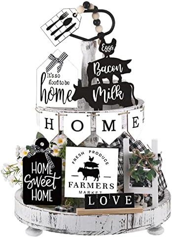 Fairysandy 11 Pcs Home Tiered Tray Decor Black White Rustic Wooden Signs by FairySandy