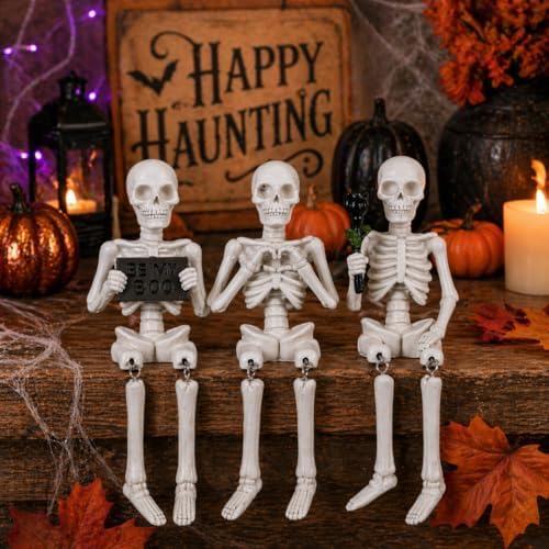 Halloween Skeleton Decorations Indoor 3Pcs Funny Skull Figurines for Mantel Shelf Table Bookshelf Cute Spooky Halloween Decor for Home Office Skeleton Shelf Sitters Halloween Tabletop Decorations by Dlfghos