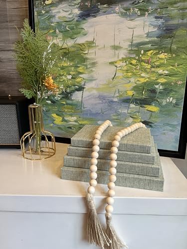 Linen Decorative Books for Home with Wood Beaded Tassel, 4-Piece Sage Set - Image 3