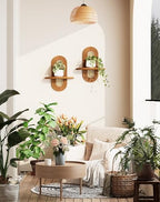 Floating Shelves for Wall, Boho Home Wall Decor,Rattan Plant Shelf Set of 2, Mid Century Small Decorative Shelf, Natural Wood Shelves for Living Room,Bedroom,House,Office (Walnut) - Image 2