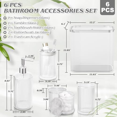 Clear Bathroom Accessories Set, 3.5 Gal Trash Can with Lid, Glass Bathroom Set Include Soap Dispenser, Toothbrush Holder, Tumbler, Qtip Holders, Cute Bathroom Sink Set, Vintage Bathroom Decor - Image 2