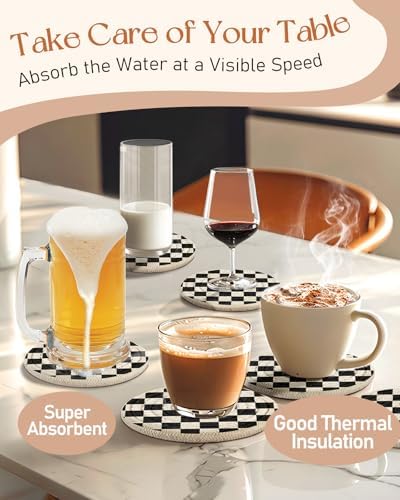 Absorbent Cup Coasters Set of 6 with Holder, Check Pattern - Image 5
