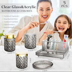 Glass Bathroom Accessories Set 5Pcs Crystal Black, Foaming Soap Dispenser, Soap Dish, Cup, Acrylic Toothbrush Holder with Tray Organizer, Cotton Swab Jar, Bathroom Counter Set Sink Decor - Image 2