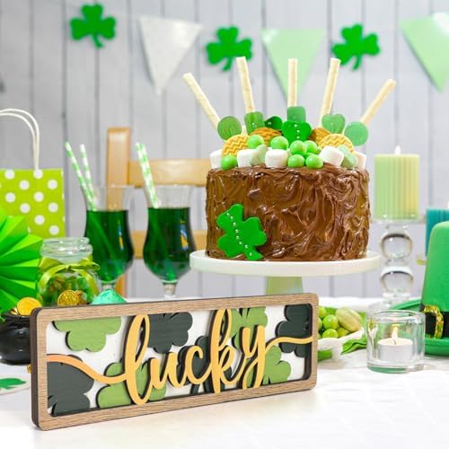 Vintage Happy St. Patrick's Day Decorations for Office, Home, Table, Mantel, Shelf, Desk, 3 1/2 x 11 Inch Retro Lucky Sign, Wooden Saint Patrick Decor Sign, Farmhouse Green Decoration (Lucky) - Image 4
