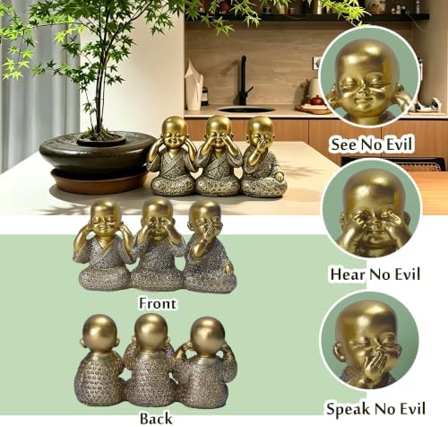 Golden Monks Resin Buddha Statue Small, Meditation Room Feng Shui Decor - Image 4