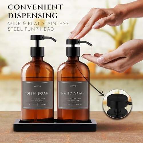 Glass Soap Dispenser Set of 2 (Amber) with Silicone Tray | Hand and Dish Soap Dispenser for Kitchen and Bathroom | 16.8 Oz Glass Bottles with Stainless Steel Pump & 15 Waterproof Labels (Amber/Black) - Image 4