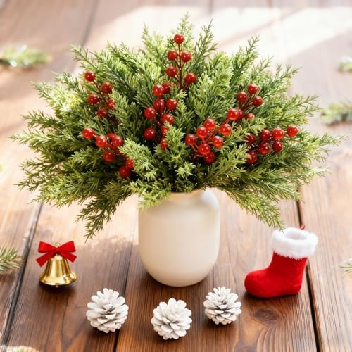 50 Pcs Christmas Artificial Pine Branches with Red Berry Stems - 10.5" Faux Greenery Norfolk Pine Fake Cedar Pine Needles Picks for Wreaths Craft DIY Garlands Home Decor - Image 4