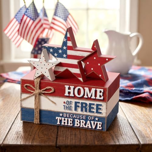 Geelin 4 Pcs Veterans Day Patriotic Table Decoration Wooden Book Stack Sign - Image 5