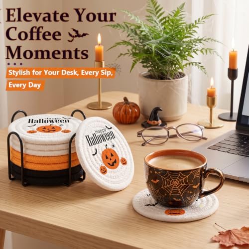 OIAHOMY 8 Pcs Halloween Coasters with Holder for Beer, Coffee, Woven Cotton Coaster Set for Table Decor for Kitchen, Bar, Dining Room, Living Room, Housewarming Gifts - Halloween Mixed Color - Image 2