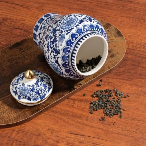 Small Blue and White Ginger Jar with Gilt Edges, Ceramic Ginger Jar with Lid, Exquisite Floral Patterns Chinoiserie Tea Storage Jar for Living Room, Kitchen & Coffee Corner - Image 3