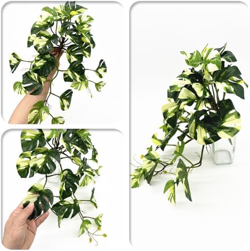 Artificial Monstera Plants, Fake Tropical Palm Small Potted Faux Hanging Greenery Mini Plants for Indoor Outdoor Home Office Garden Houseplants Pot Decor Wedding Party Decorations - Oil Painting Green - Image 6