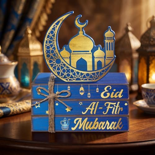 Geelin 4 Pcs Eid Mubarak Table Decoration Wooden Book Stack Signs - Image 5