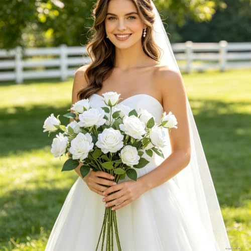100Pcs White Roses Artificial Flowers, Realistic Silk Fake Roses Bouquet - Image 6