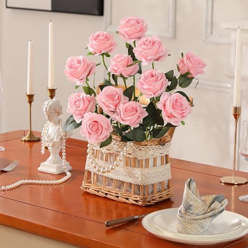 10pcs Pink Roses Artificial Flowers, Realistic Faux Rose with Long Stem - Image 3
