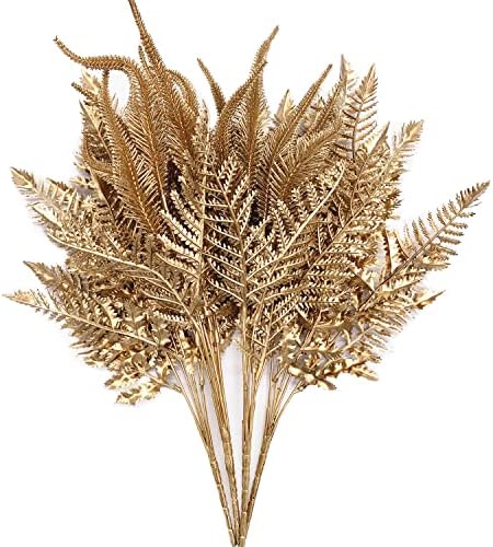 Artificial Golden Flowers Decoration, Plastic Grass Faux Boston Fake Fern Gold Leaves Simulation Setaria Bushes Home Indoor Outdoor Garden Wedding Hall Table Planter Filler DIY Christmas Decor 4 Pack by CATTREE