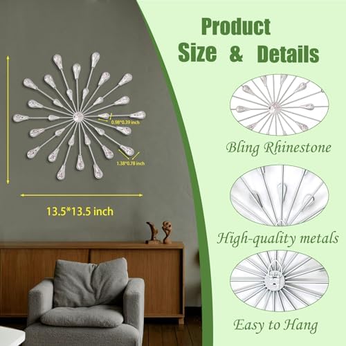 ZEXUIRU 3 Set Silver Starburst Wall Art for Home Decor Metal Bling Crystal Rhinestones Sunburst Wall Decor Sparkling Rhinestone Art Accent Silver - 13in - Image 4