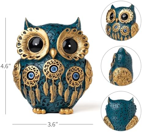 Decorative Owl Figurine, Vintage Blue and Gold Owl Statue Home Decor - Evil Eye Accent for Bookshelf, Bedroom, Living Room, Office & Table. Cute Small Animal Sculpture Gift for Birds Lovers.(Blue) - Image 4