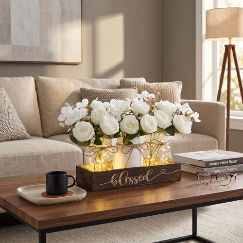 3 Pcs Mason Jar Table Centerpieces for Dining Room with Wood Tray&Led Light - Image 4