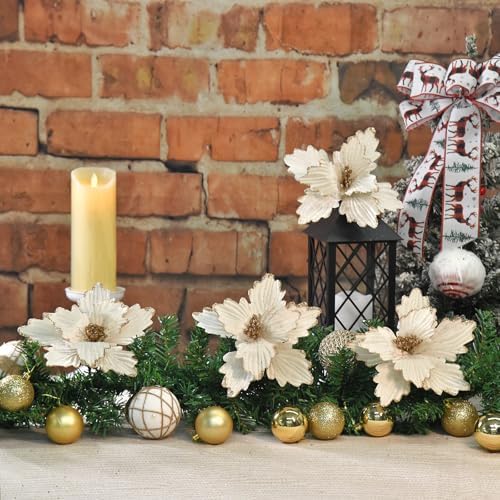 10 PCS Glitter Poinsettias, 8.7" Artificial Christmas Flowers, Cream White - Image 4