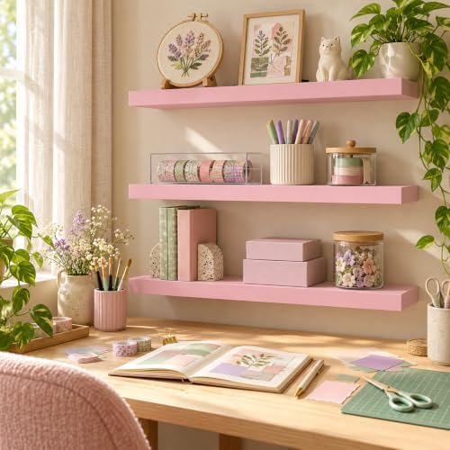 BAYKA Pink Floating Shelves 22.5in, Set of 3, Wall Mounted for Wall Decor - Image 6