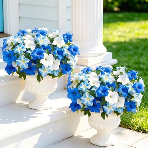 Uieke Artificial Flowers for Outdoors, 24PCS Faux Petunias Outdoor Uv Resistant Silk Flower, Spring Decorations for Home Garden Patio Porch, Blue&White - Image 2