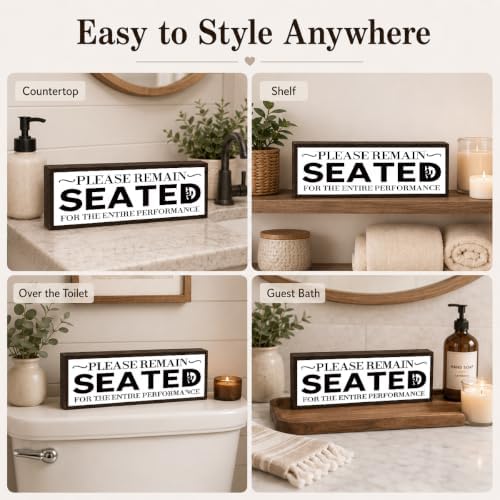 Funny Bathroom Wood Sign, Please Remain Seated for The Entire Performance, Humorous Wood Bathroom Decor, Funny Farmhouse Bathrooms Wall Decor, Rustic Solid Wooden Sign, Farmhouse, 9.5 x 3.1 Inches - Image 3