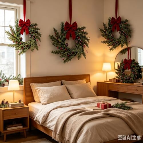 6 Pcs Mini Christmas Hanging Wreaths Artificial Cedar Cypress Pine Greenery with Pine Cones & Red Berries Small Rustic Farmhouse Wreath for Cabinets Front Door Porch Window Wall Holiday Winter Decor - Image 3