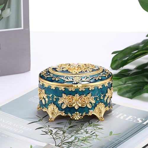 Hipiwe Vintage Metal Jewelry Box - Oval Trinket Ring Case with Gold Rose - Image 5