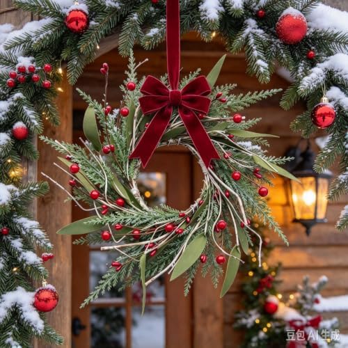 6 PCS Mini Christmas Wreaths for Cabinets 9" Christmas Kitchen Cabinet with Pine Needles Pinecones Red Berries Bells and Bow Christmas Wreath for Front Door Window Wall Xmas Holiday Home Decor - Image 2