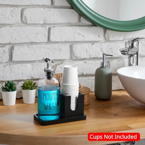 Glass Mouthwash Dispenser for Bathroom, 16 OZ Mouthwash Dispenser with Pour Spout and Wood Cup Holder and Tray, Mouth Wash Bottle Container, Black Kitchen Bathroom Decor and Accessories - Image 2