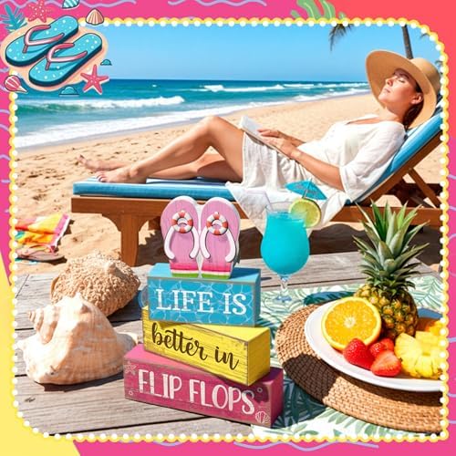 Yuntau 4 Pcs Summer Flip Flop Decor Wooden Beach Table Centerpiece Sign - Image 6