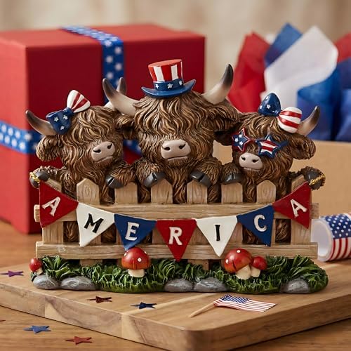 5.71inch Highland Cow 4th of July Decor, Peeking Over Fence with Red Blue White America Banner, Rustic Resin Figurine for Farmhouse Table Decoration, US 250th Independence Patriotic Memorial Day Gift - Image 3