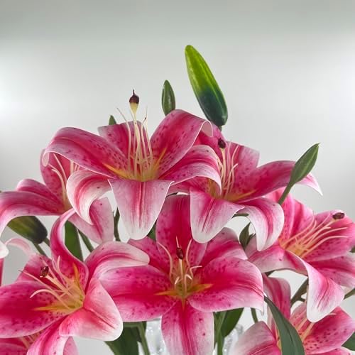 12 Artificial Lily Flowers with 9 Heads Full Bloom Lily & 3 Buds, Long Stem Artificial Stargazer Lilies, Faux Tiger Bouquets for Home Hotel Office Party Decor Table Centerpieces（Dark Pink - Image 2