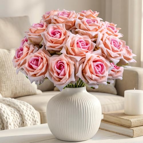 Ttranewsoo 24PCS Pink Artificial Flowers, Realistic Fake Roses with Stems for Bridal Shower, Baby Shower, Wedding Centerpieces, DIY Bouquets & Party Decor, 16.5 Inch by Ttranewsoo