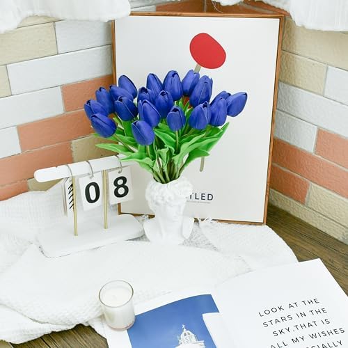 ONLY ART Artificial Royal Blue Tulips 20 Pcs – 13.5 Inch PU Faux Flowers with Bendable Stems for Home Décor, Wedding Centerpieces, DIY Floral Arrangements, New Year and Valentine's Day - Image 6