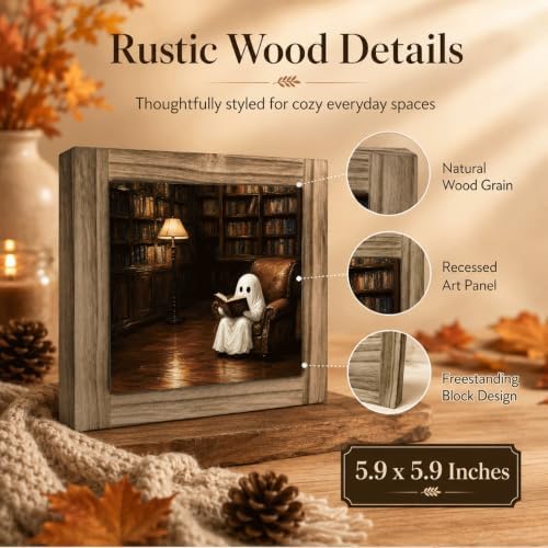 Cozy Reading Ghost Wood Plaque Sign for Halloween Home Shelf Decor 10 - Image 3