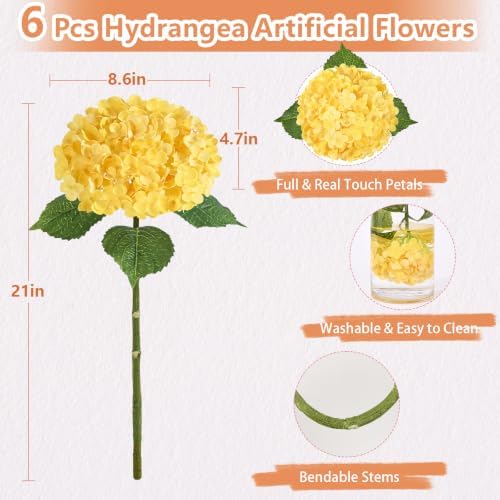 6 Pcs Real Touch Hydrangea Artificial Flowers, 21" Fake Flowers, Yellow - Image 7