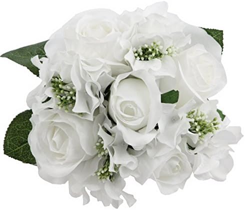 Admired By Nature Artificial Rose Hydrangea Flowers Bouquet, 9 Stems Faux Wedding Bouquet for Bride Bridesmaid, Centerpieces Floral Arrangement Home Decoration GPB8359-WHITE, White by AdmiredbyNature