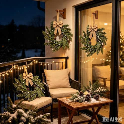 4 Pcs Mini Christmas Hanging Wreaths Artificial Cedar Cypress Pine Greenery with Pine Cones & White Berries Small Rustic Farmhouse Wreath for Cabinets Front Door Porch Window Wall Holiday Winter Decor - Image 5