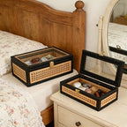 Black Rattan Decorative Wood Storage Boxes with Glass Lids Set of 2 - Image 6