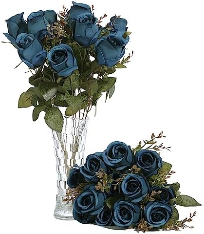 Artificial Rose Flowers 12 Heads 2 Bundles Silk Rose Bouquets, Navy Blue by FuleHouzz