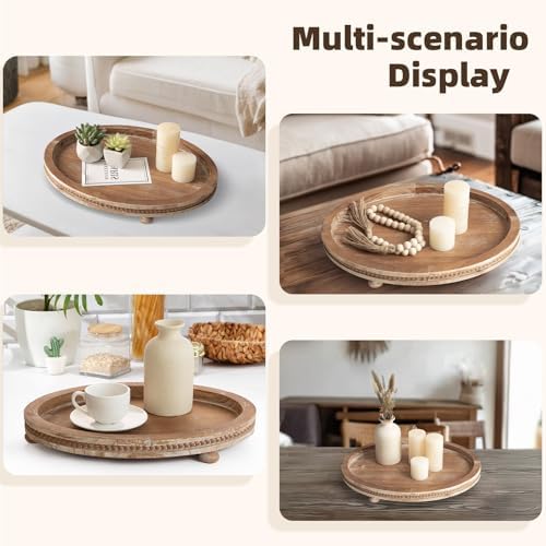 2 Piece Oval Torched Wooden Serving Tray Set with Beaded Design, Centerpiece Table Decorations Tray for Living Room Ottoman, Coffee Table Tray for Farmhouse Home Decor - Image 4