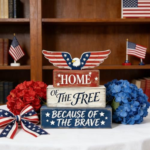 4th of July Table Decorations Patriotic Memorial Day Tiered Tray Decor Wooden Eagle Block Signs Independence Farmhouse 250th July Fouth Centerpiece for Tables Wooden Sign for Home Decor - Image 4