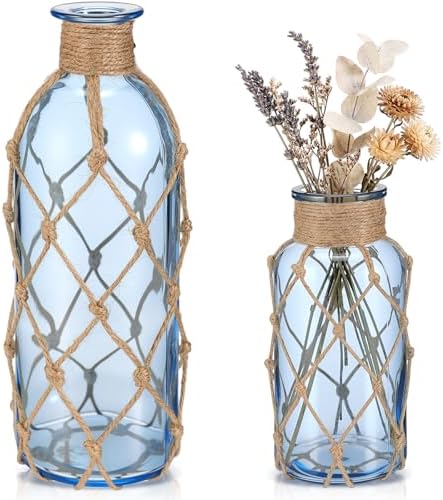 Chuangdi Set of 2 Coastal Glass Flower Vase with Boho Rope, Light Azure by Chuangdi