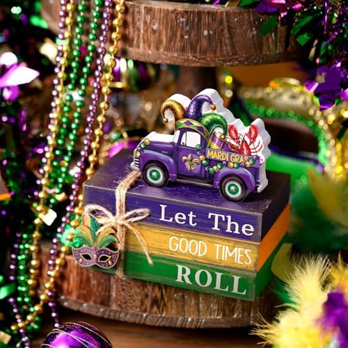 4 Pcs Table Decorations Tiered Tray Decorations Mini Wooden Books Signs for Office Shelf Classroom Tabletop Bookshelf(Mardi Gras) - Image 2