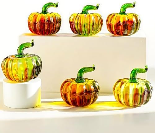 6 Pcs Mini Blown Glass Pumpkin Figurines Thanksgiving Fall Halloween Decor by HDHYALINEDORA