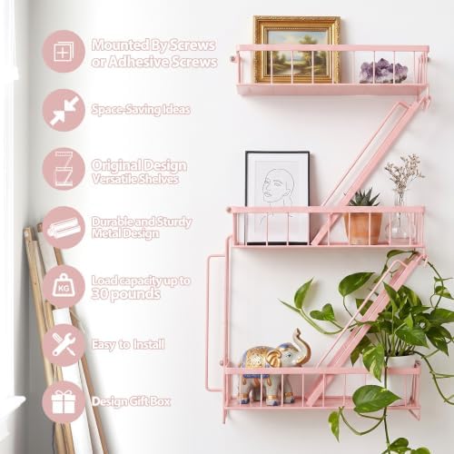 SweetSage Fire Escape Shelf - Pink Wall Decor Floating Shelves, Cute Metal Ladder Shelving for Bedroom, Home Decor Display (3-Tier) - Image 3